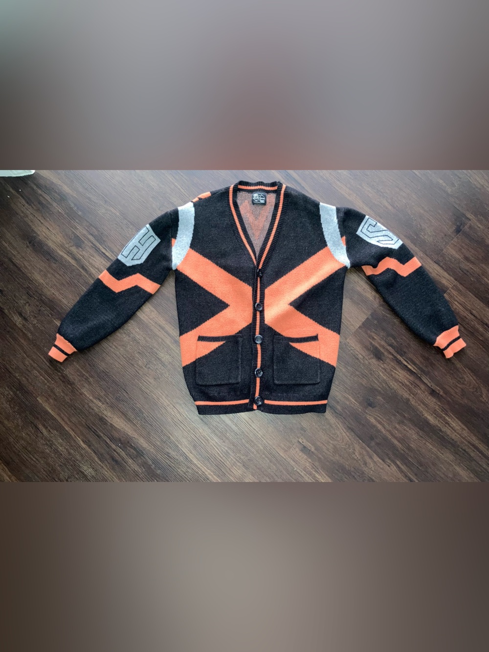 Steady hands women’s Black & Orange Geometric Button Cardigan size M/L